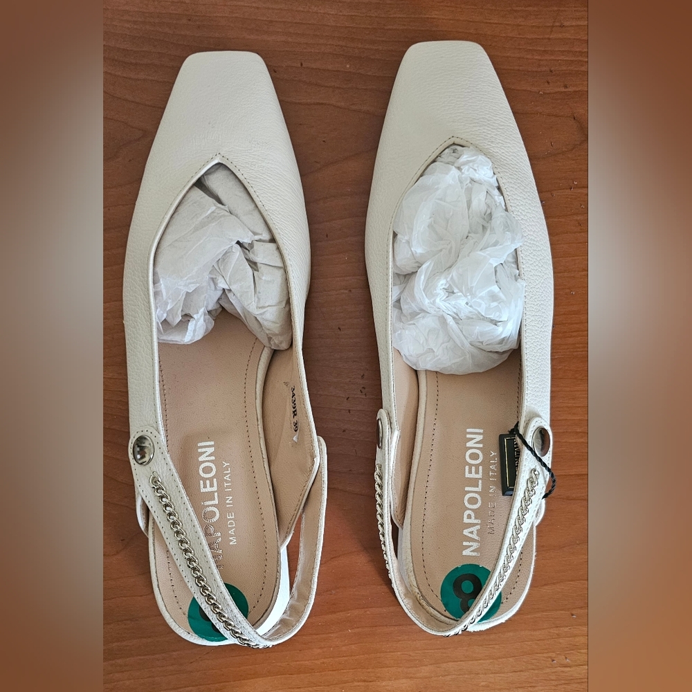 Napoleoni Ivory Square Toe Block Heel Slingback with Chain Shoes Size 8